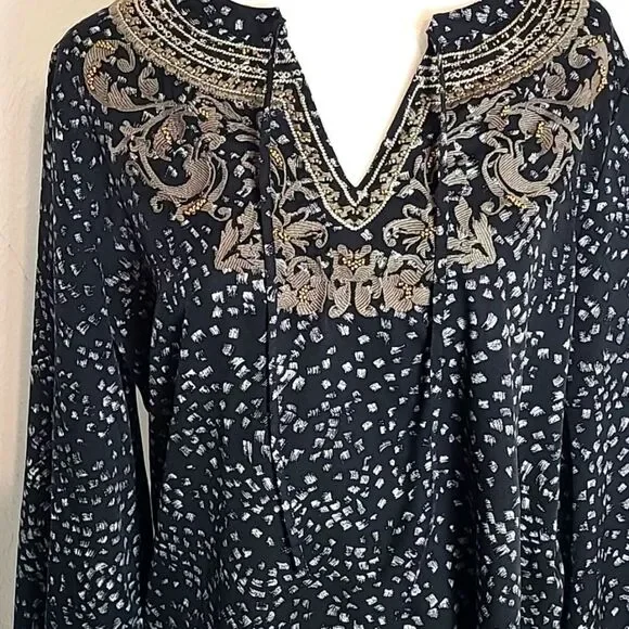 Chico's Black Blouse, White Dots, Gray Embroidered Neckline, Gold Beads,Sz 0,Sml - Picture 5 of 14